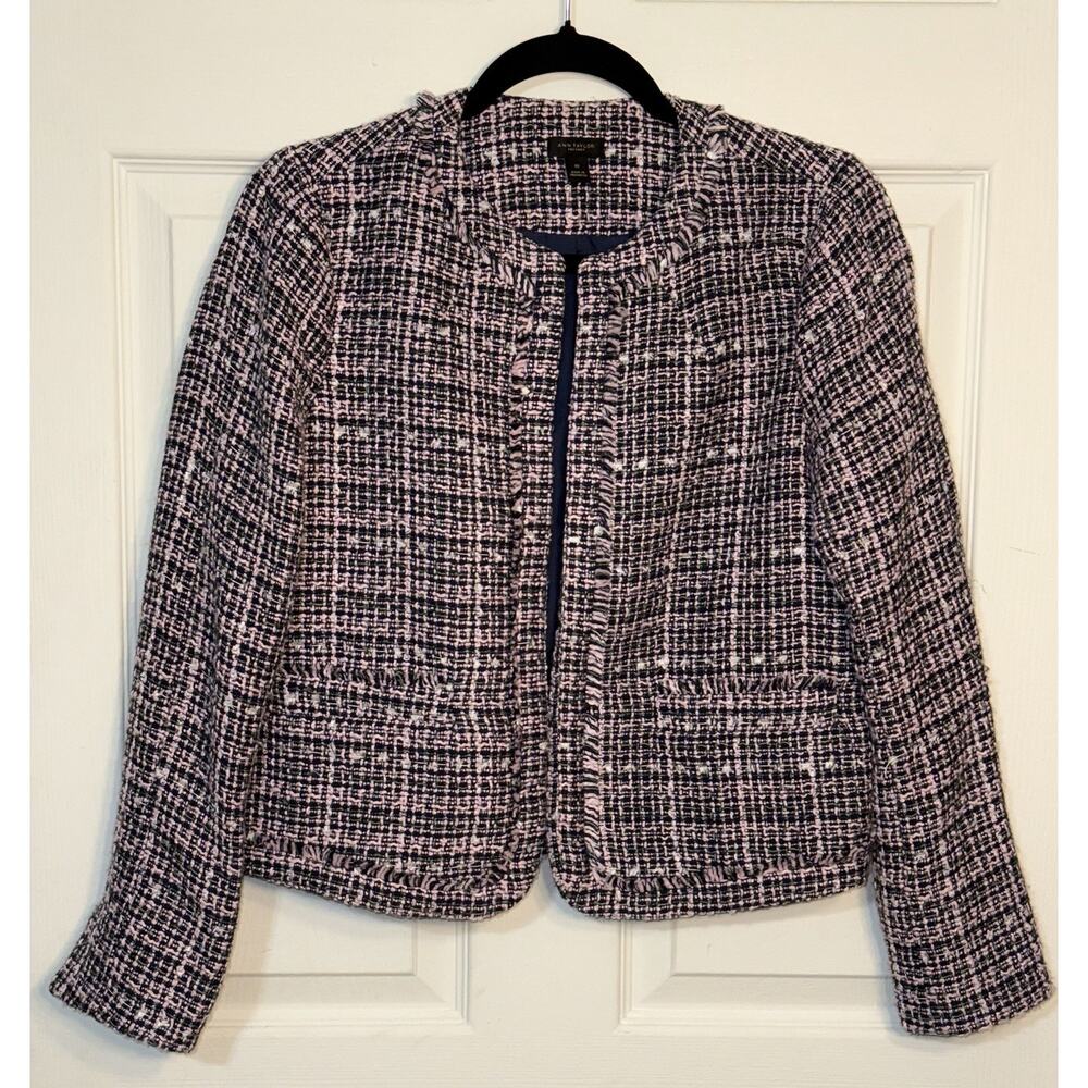 Ann Taylor Tweed Open Blazer Jacket Women's Pink Plaid Lined Fringe Size 00 - Picture 5 of 5